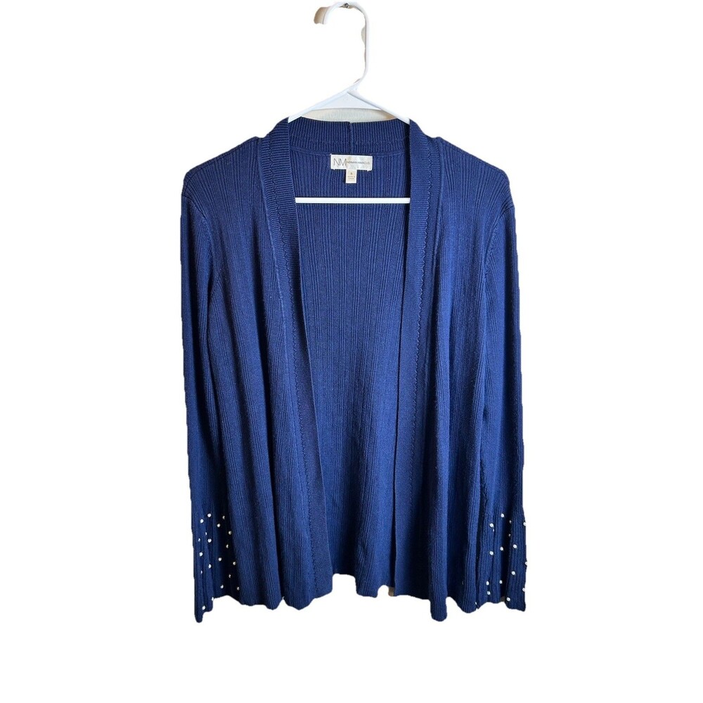 Neiman Marcus Pearl-Embellished Ribbed Navy Open-Front Cardigan Size S